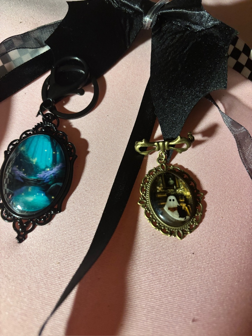 Gothic halloween broch and bag charm pair - Black with Blue & Gold Accents